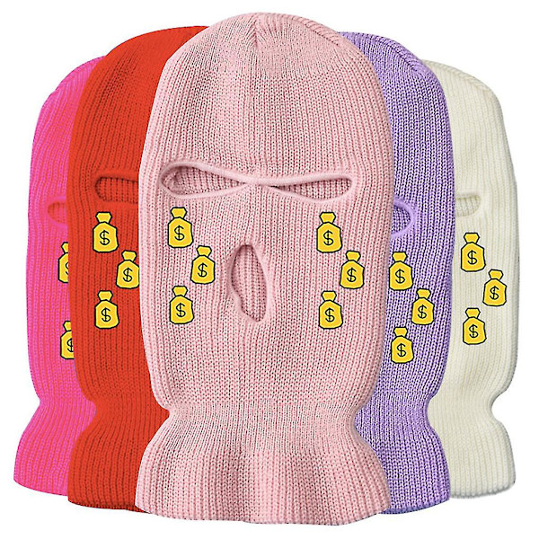 Trendy 3-Hulls Maske Strikket Lue Vinter Dollar Broderi Fullt Ansiktsdekke Vinter White