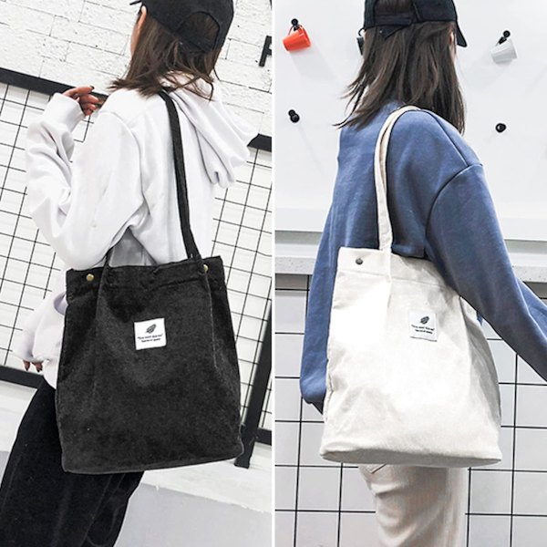 Corduroy Tote Bag, Axelremsväska i Corduroy Stor Kapacitet Casual Handväskor