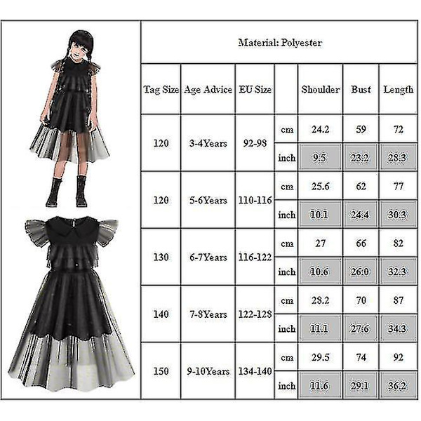Keskiviikko Addams Vintage Gootti Rypytetty Tyyli Tulle Up Pukeutuminen Tytöille Lapsille 3-4 Years