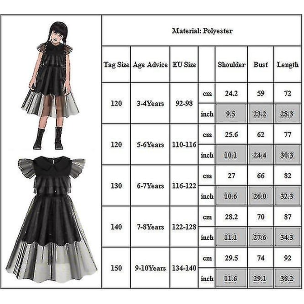 Onsdag Addams Vintage Gothic Ruffle Tulle Fancy Up Costume For Girls Kids 9-10 Years