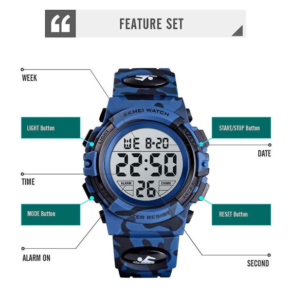 Digitalt ur til børn, Digital Sports 50m Vandtæt Led-ure Vækkeur Lysende armbåndsur Light blue
