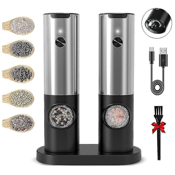 Laderbar Elektrisk Salt- og Pepperkvernsett med Dobbel Laderbase, USB-kabel, Automatisk Salt- og Pepperkvern - yuhao