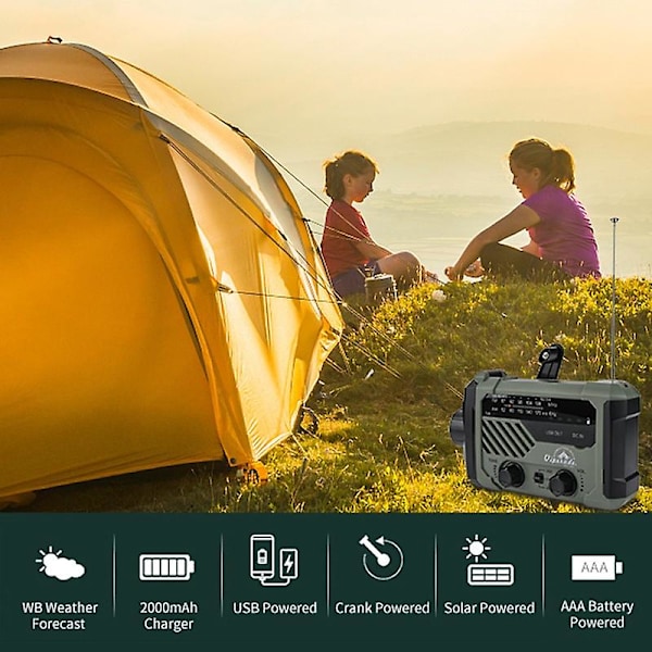 Nödradio AM/FM/NOAA, Handvev Batteridriven Solradio med LED-ficklampa, SOS-larm Military green