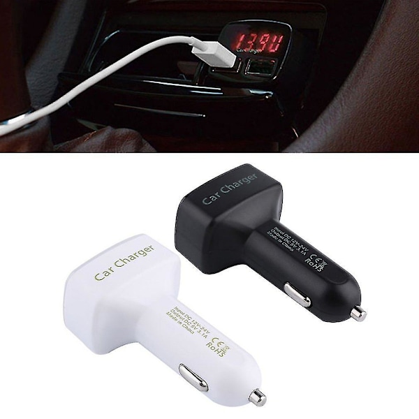 4-i-1 3.1A Dobbel USB Bil Lader Amperemeter Voltmeter Termometer