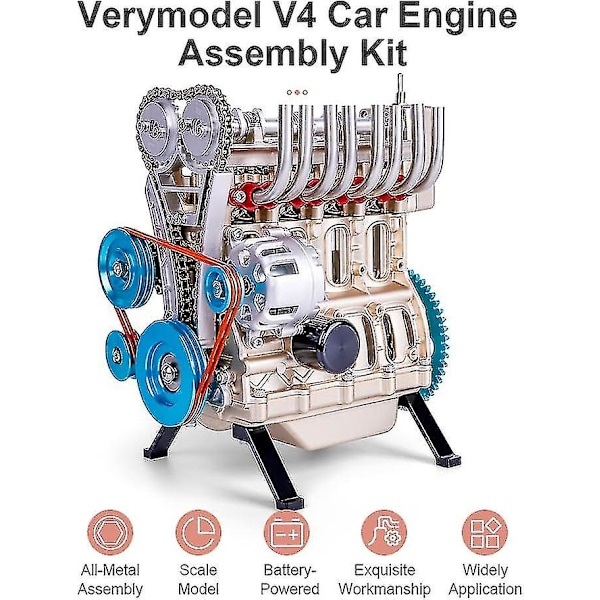 Inline-fire-sylinder bilmotormodell, V4 modellmotor full metall monteringssett, mini motormodell leketøy for voksne og barn (2021 versjon)