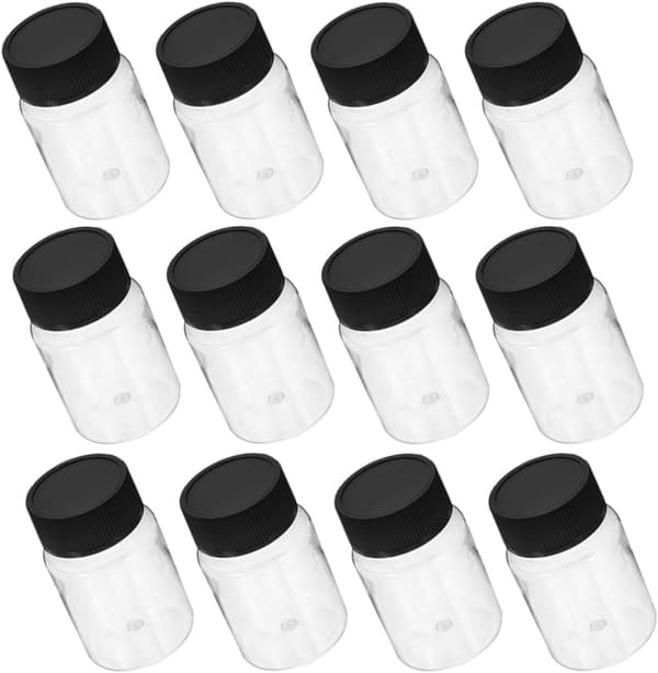 50 st 20 ml provflaskor i plast med svarta skruvkorkar, förseglade flaskor med bred mynning för medicin