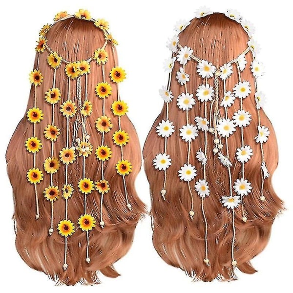 2 stk Flower Hippie Pannebånd Floral Crown Sommer Solsikke Hårtilbehør For 70 S Bohemian Costumes Style
