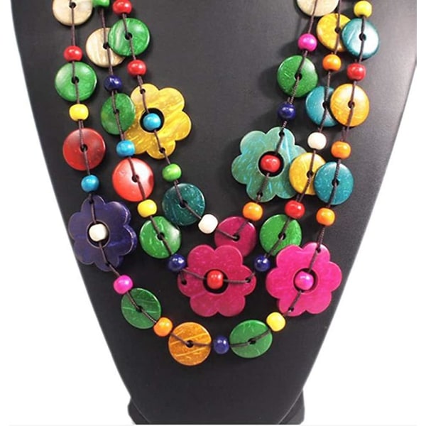 Boheme Lagt Halskæde Kokosnød Perler Farverige Blomster Perler Vedhæng Vintage Gave