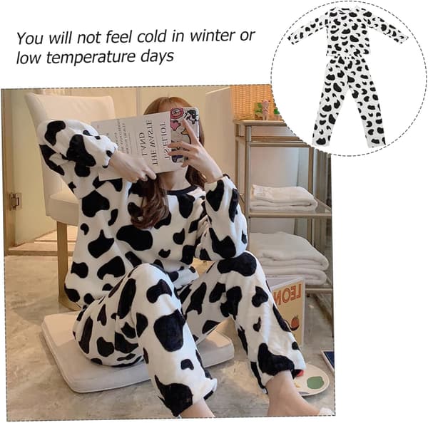 Långärmad flanellpyjamas för flickor Varmt ko-mönster Nattkläder Mysiga vinterfritidskläder