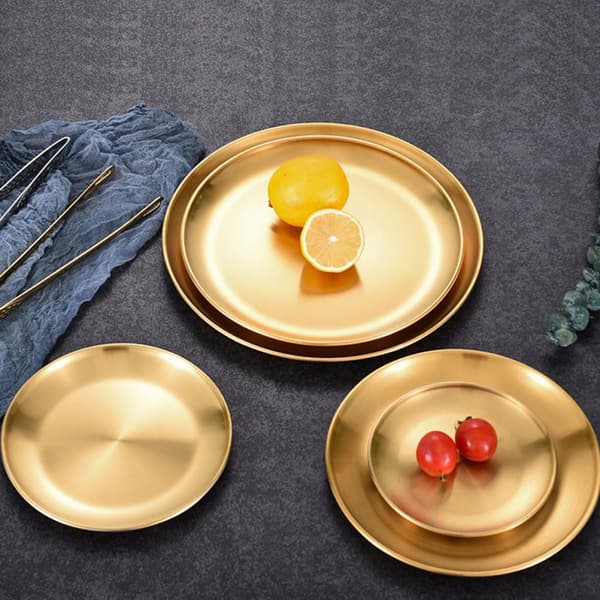 Gyllen rustfritt stål matfat pasta serveringsbrett glatt overflate kun håndvask egnet
