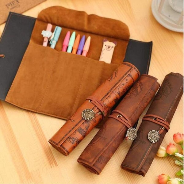 Pu Leather Rollup Pen Bag, Vintage Creative Map Penal, glatt omslag