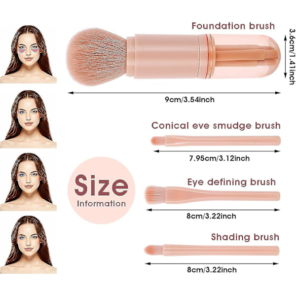 Mini Makeup Brush Set, 4 i 1 Bærbar Rejse Ansigtskosmetikbørste