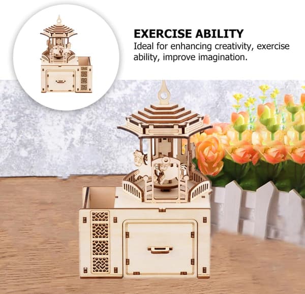 Håndlavet karrusel samling spilledåse DIY 3D træpuslespil med optrækkelig håndsving
