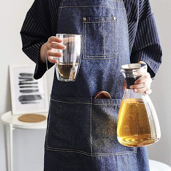 Förkläde i denim, unisex justerbart förkläde med 3 fickor