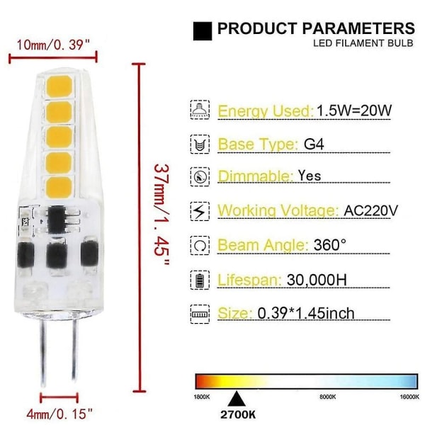 10st G4 LED-lampa Ej dimbar Ac220v 1,5w 20w halogenersättning c5f3 | Fyndiq