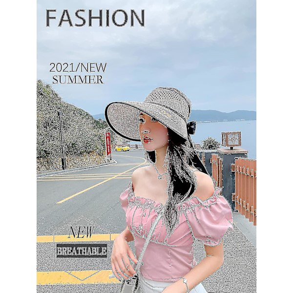 Sommarhatt för kvinnor med bred brätte, floppy resehatt, strandhatt i halm, UV-skydd