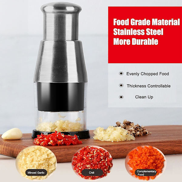 Manuel Håndpresset Hvidløg- og Løghakker - Grøntsags Food Processor - Terninger. (sølv)(1 stk)