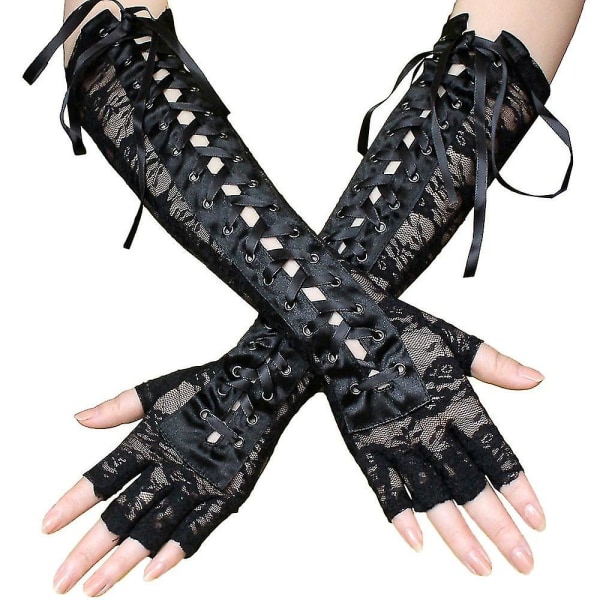 Damebandage lange handsker, sexede sorte blonder lange fingerløse handsker, Cross Bandage Opera Lolita