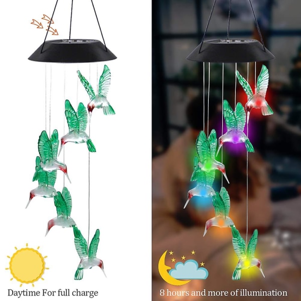 2 Pack Solar Hummingbird Wind Chimes, Lys Udendørs Vandtæt Balkon Dekor Pendel Lights