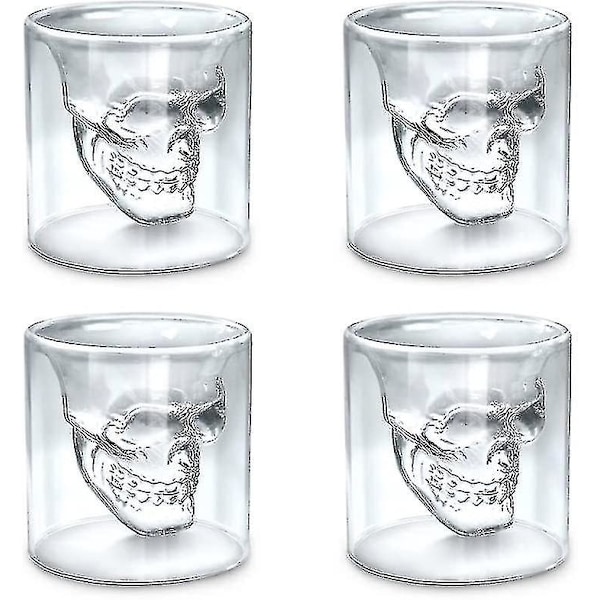 Set med 4 Mini 25ml Kristallskalle Skottglas Dubbelväggigt Transparent Skalle Pirat Skottglas Present