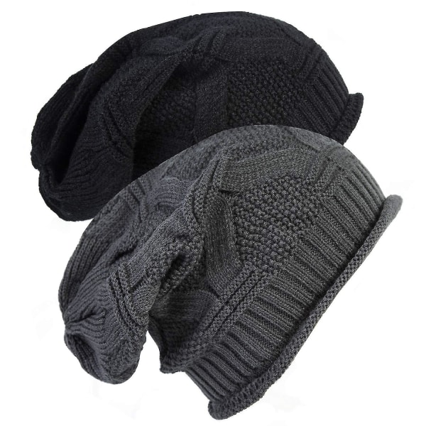 Damernas Casual Beanie Vinter Stickad Dam- och Herrmjuka Hattar (2 stycken Svart + Mörkgrå)