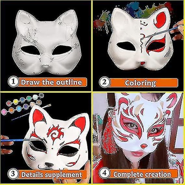 Hvit papirmaske katteansikt - 10 stykker, tom håndmalt maske, personlig design, egnet for Halloween Fancy Dress Cosplay