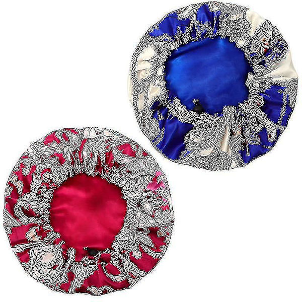 2-pack Dubbellagers Satin Sovhatt Natt med Justerbar Spänne för Kvinnor (1 st Safir, 1 st Claret-röd)-mxbc