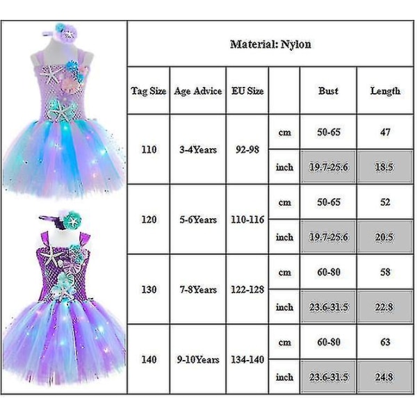 Børnepige LED Oplyst Tulle Tutu med Pandebånd Kostume 9-10 Years Light Purple