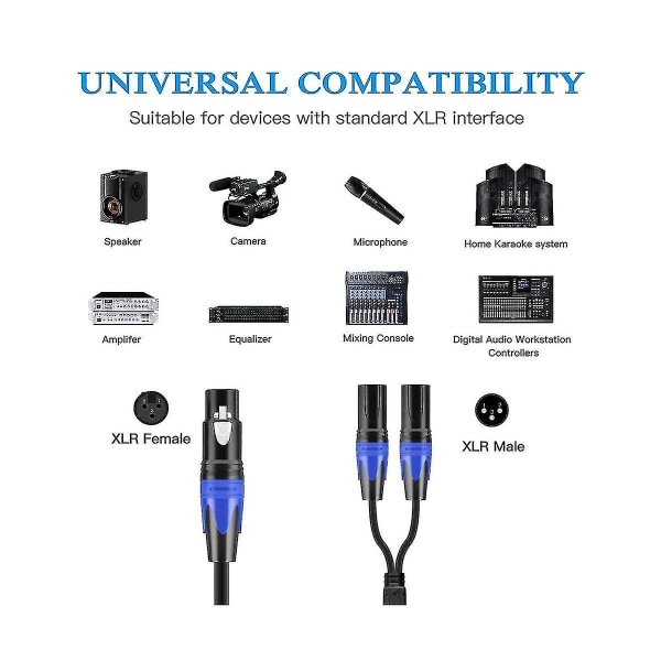 XLR Splitter-kabel, 1 XLR Hunn til 2 XLR Hann Y-kabel Balansert Mikrofon Splitter-ledning Lydadapter-yuhao