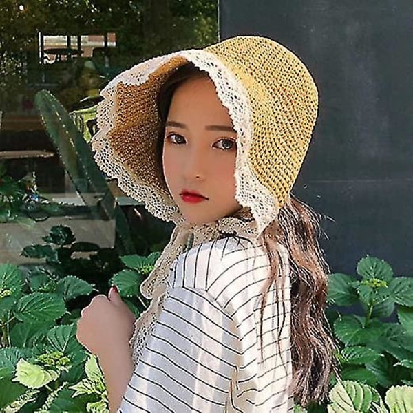 Women Sun Hat Foldable Cotton Lace Straw Hat Beige 56cm