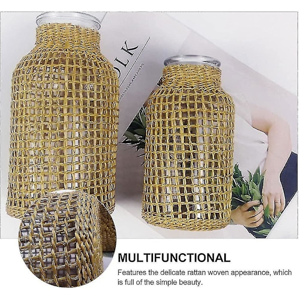 Glas Blomster Vase Med Rattan Dæksel Blomsterknoppen Vase Rund Dekorativ