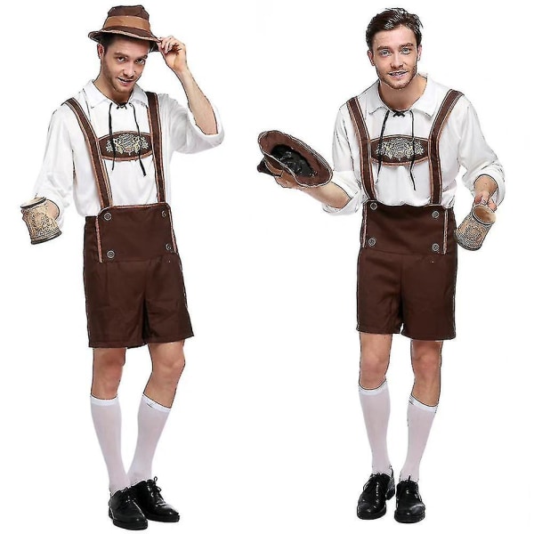 Tysk Oktoberfest Öl Män Bavarisk Lederhosen Skjorta Hatt Set Kille Festival Kostym L