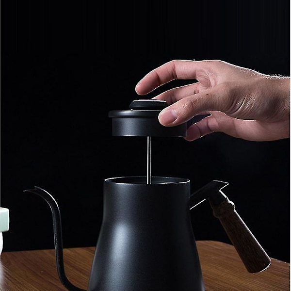 Kaffekanna i rostfritt stål med trähandtag, lång pip