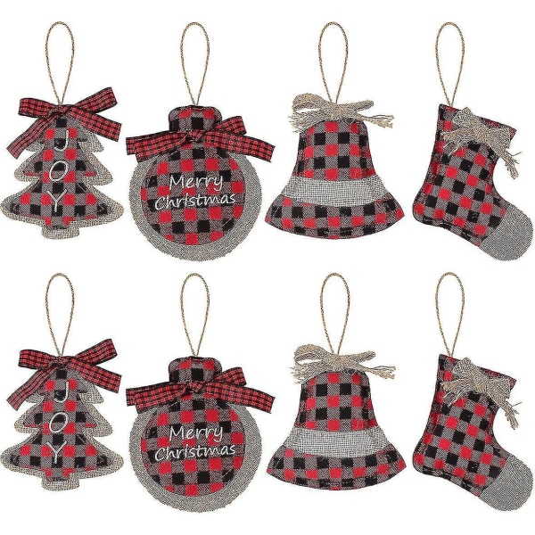 Christmas Tree Ornament 8pcs Buffalo Check Plaid Burlap