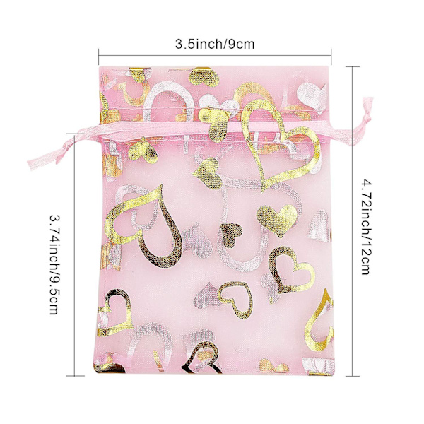 100 stk. 3,5 x 4,7 tommer Ren Pink Trækkesnor Hjerte Organza Gaveposer Bryllup Fest Jul Smykkerposer