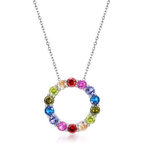 Cirkelhalsband för kvinnor, kubiskt silverkedjehänge Rainbow Zircon Hoop Halsband för tonårsflickor