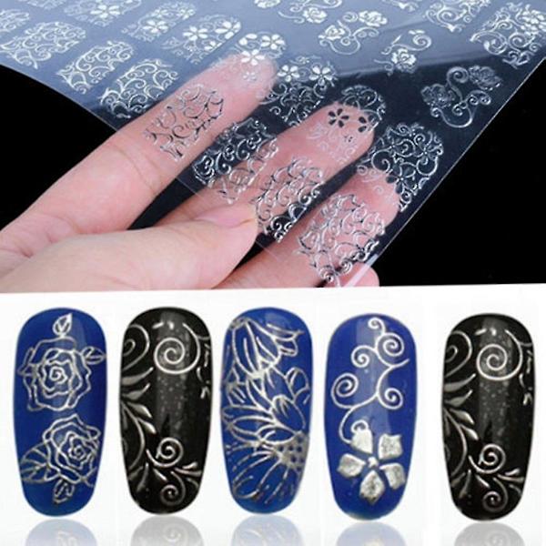 108 st 3D Silver Blommor Nagelkonst Dekaler Klistermärken DIY Verktyg