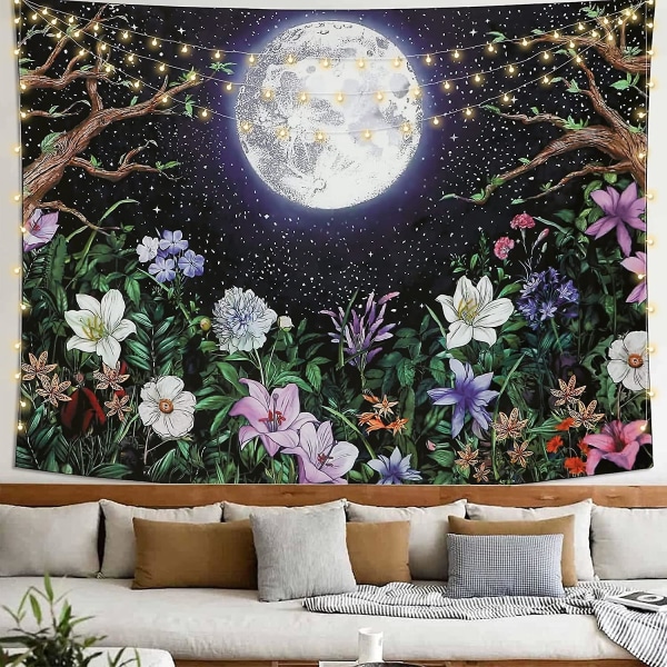 Esteettinen Moon Tapestry Seinään ripustettava Puutarha Yömaisema värikkäillä kasveilla Kukkaseinä Tapestr