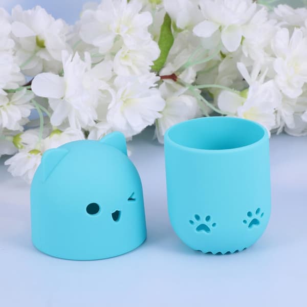 2 stk. silikonepudderkvast-holder med låg til opbevaring af makeupsvamp, ventileret design