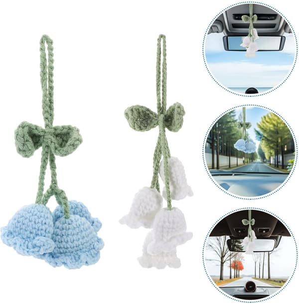 2 st bilbackspegelhängen, virkade blomsterprydnader