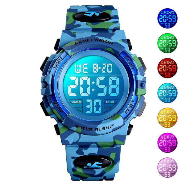 Digitalt ur til børn, Digital Sports 50m Vandtæt Led-ure Vækkeur Lysende armbåndsur Light blue