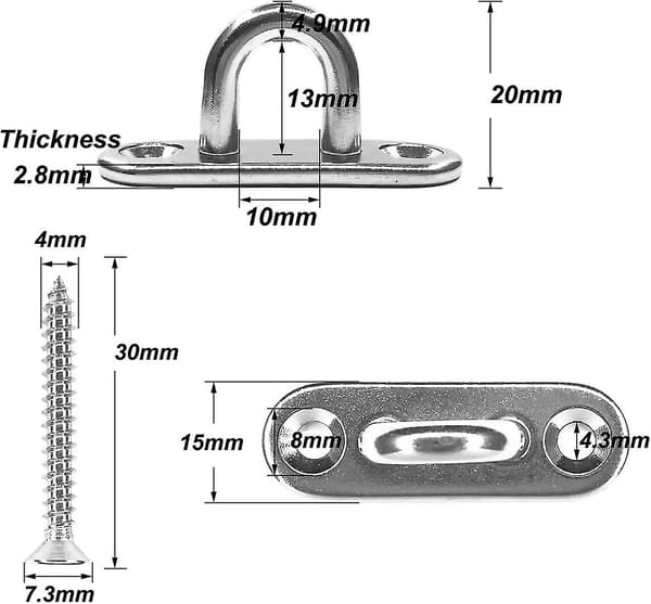 8 stk. Rustfrit Stål 1,8 tommer Pad Eye Plade U-kroge + 8 stk. Rustfrit Stål Snap Hook