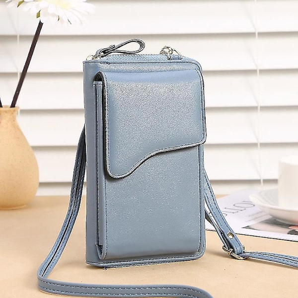 Damska mobilplånbok, liten crossbody-väska i PU-läder med kortfack och flera blixtlås (1 styck blå)