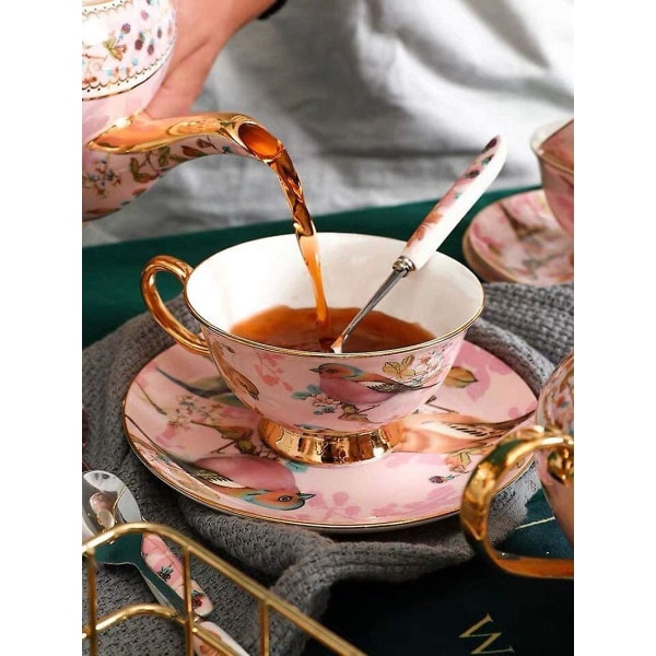 Koppfatsett, Bone China Tekopp kaffekopp til frokost Hjemmekjøkken- Fugler og trær mønstre (lyse rosa)
