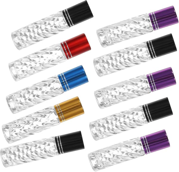 10 st 10 ml glasflaskor med roll-on för eteriska oljor och parfym, slumpmässig färg, sned korn, resevänlig