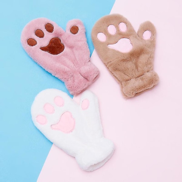 Vinter Fuzzy Plush Hel-Finger Vantar för Kvinnor Cartoon Cat Paw Vindtäta Skidvantar 2-pack Multi-färg
