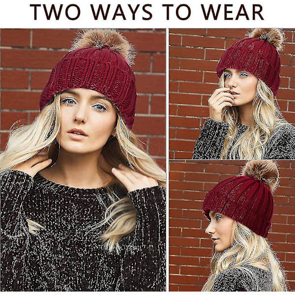 Varm vinterhue til kvinder - Uldig strikket beanie med termisk fleece