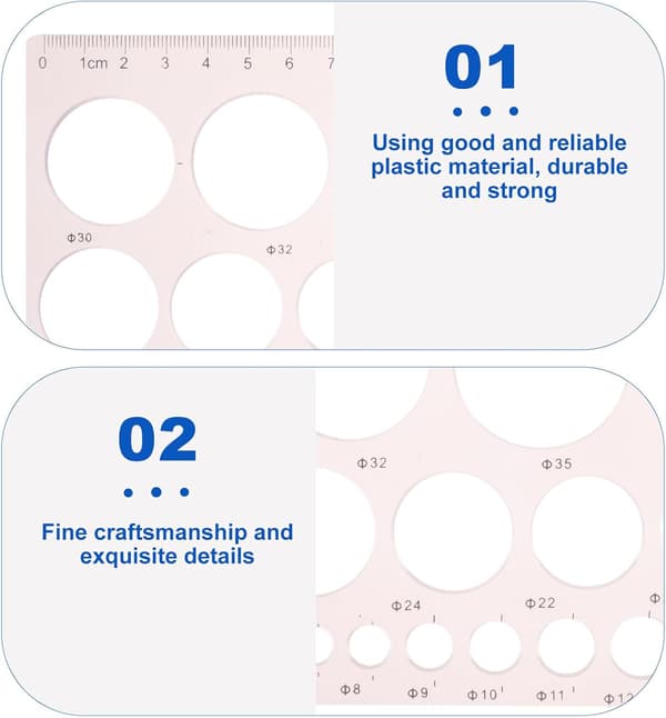 6 st rosa ritmallar i plast, geometriska schabloner, ritlinjal