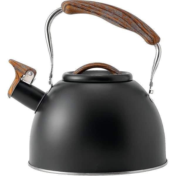 Kogende Kedel med Fløjte, Rustfrit Stål Tekande med Træ Mønster Foldbart Håndtag til Gasskomfur Induktion, 3l A-yuhao Black