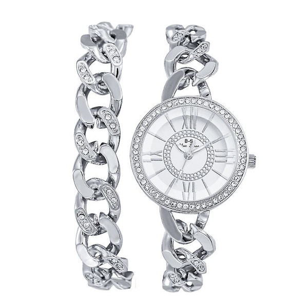 Let Luxury Dameur Roman Urværk Fuld Diamant Kvarts Ur Mode Enkel Dobbelt Kæde Ur Silver